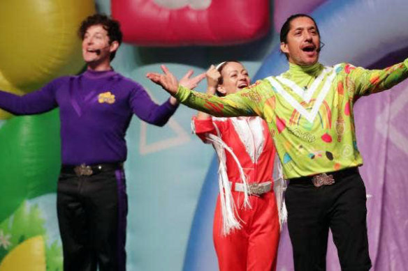 Former “brown Wiggle”, actor Robert Rakete, right, performs with The Wiggles at the Christchurch Arena.