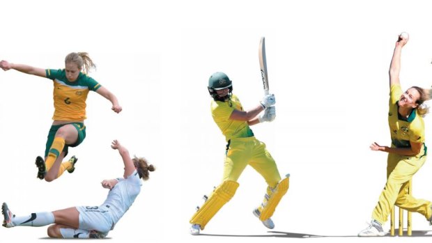 Ellyse Perry in action for the Matildas; batting and bowling for Australia. 