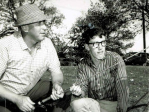 Vin McCaughey, right, in 1964, with then-secretary of the Red Tag Fly Fishers’ Club Alec Wallace pictured at the Australian Fly Casting championships in Ballarat.