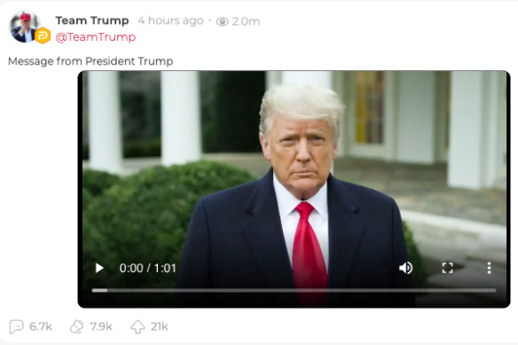 Late on January 6, when the riot was mostly over, Trump released a video telling his supporters to go home even as he told them 'we love you'. It was removed from many platforms, but stayed up on Parler, pictured here on a Team Trump campaign account. Trump himself does not have a personal account on Parler.