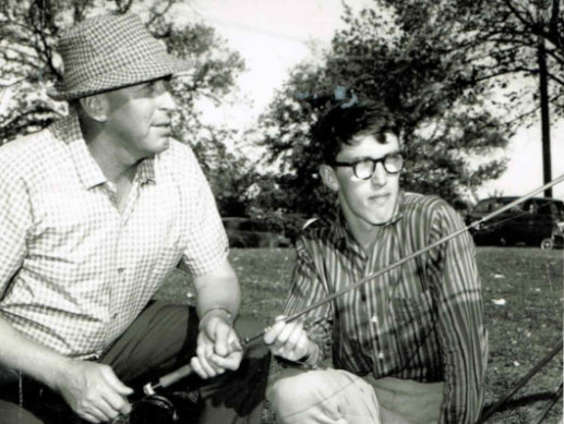 Vin McCaughey, right, in 1964, with then-secretary of the Red Tag Fly Fishers’ Club Alec Wallace pictured at the Australian Fly Casting championships in Ballarat.