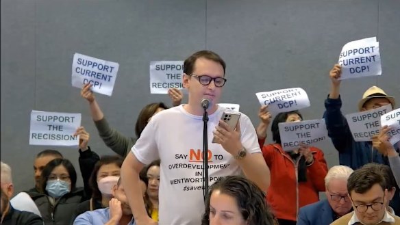 Wentworth Point resident Matt Weller addresses a Parramatta City council meeting on September 26, 2022.