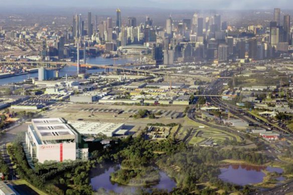 An artist’s impression of NextDC’s proposed data centre (in the left of frame) in Todd Road, Port Melbourne, near the West Gate Bridge.