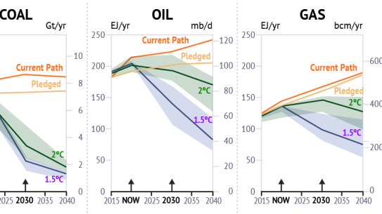 Possible trajectories  for fossil fuel production from 2015 to 2040 for coal, oil and gas. Each fossil fuel must separately stay within the shaded zones for a 66 per cent chance of achieving the 1.5 or 2-degree global warming scenarios. 