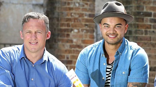 SYDNEY, AUSTRALIA - NOVEMBER 18: Solar D co-Founder Matthew Collett (R) with Director Titus Day (L) and investor Guy Sebastian and their new sunscreen on November 18, 2016 in Sydney, Australia. (Photo by Anthony Johnson/Fairfax Media)