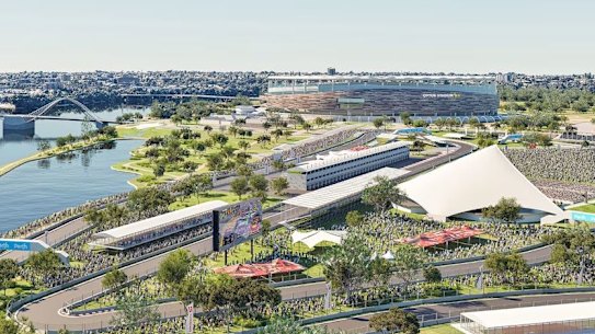 January artist impression of the Perth street circuit and amphitheatre on the Burswood peninsula.