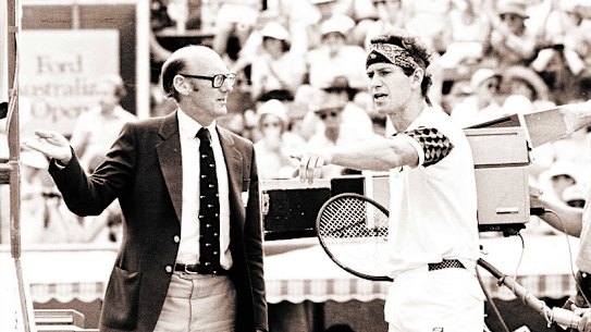 John McEnroe and umpire Peter Bellenger have words when the Australian Open was still held at Kooyong in 1985.