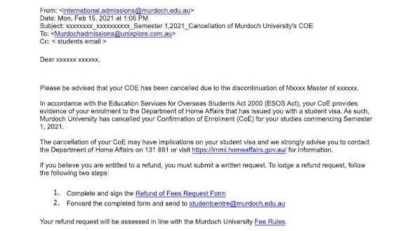 Murdoch University’s email to a student informing them their degree had been cancelled. 