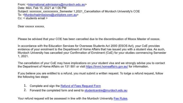 Murdoch University’s email to a student informing them their degree had been cancelled. 