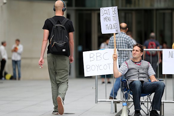 Luke McQueen outside the BBC in 2018, protesting against the airing of his show The Luke McQueen Pilots. 