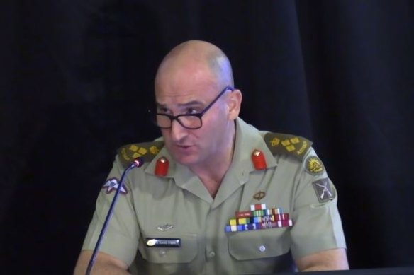 Brigadier Kahlil Fegan DSC Commander 3rd Combat Brigade speaking at the Royal Commission into Defence and Veteran Suicide in Townsville. 