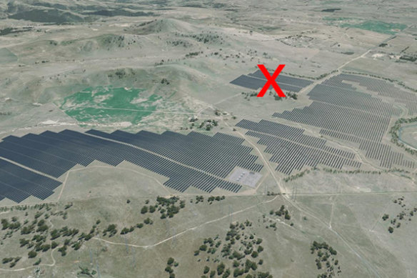 The original scale of the proposed Wallaroo Solar Farm and the area that was removed as marked by an X.