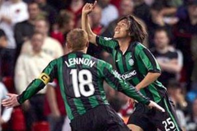 Striking: Celtic used a green and black strip during their Champions League campaign in 2006. Striking: Celtic used a green and black strip during their Champions League campaign in 2006.