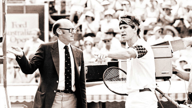 John McEnroe and umpire Peter Bellenger have words when the Australian Open was still held at Kooyong in 1985.