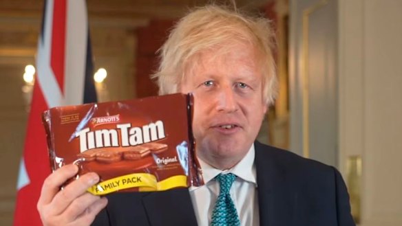 Prime Minister Boris Johnson hails Tim Tams in Australia-UK trade talks.
