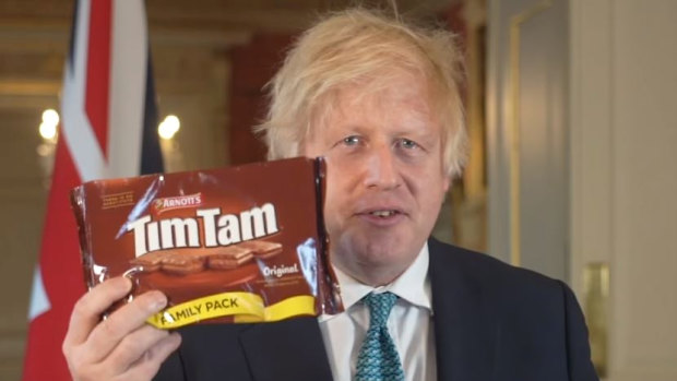 Prime Minister Boris Johnson hails Tim Tams in Australia-UK trade talks.