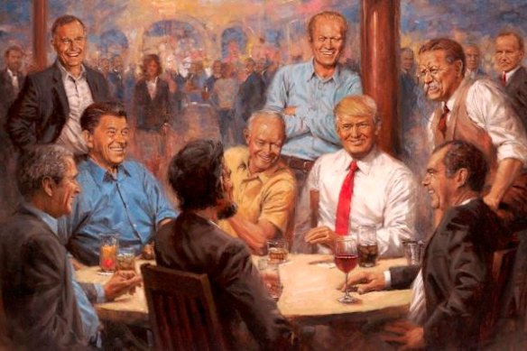 The Republican Club, do pintor Andy Thomas, retrata Donald Trump tomando uma Diet Coke com ex-presidentes republicanos.