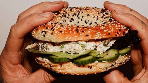 Roast chook bagel with dill mayo, capers, cos lettuce and cucumber.