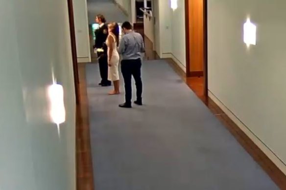 CCTV footage from Parliament House showing a barefoot and intoxicated Brittany Higgins staring at the ceiling.