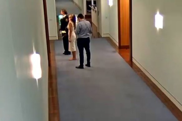 CCTV footage from Parliament House showing a barefoot and intoxicated Brittany Higgins staring at the ceiling.