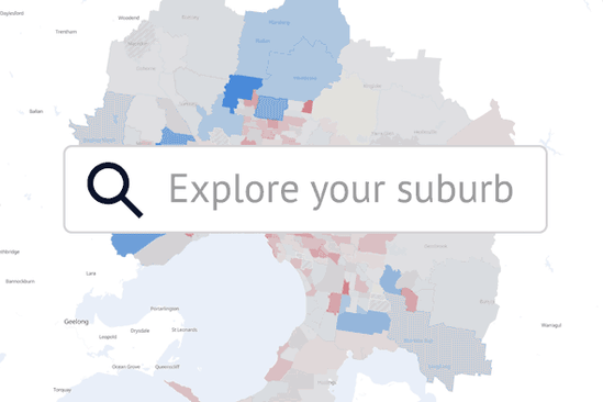 Declining fertility rates chart. Melbourne map coloured by fertility rates, zooming in with “Explore your suburb” search bar. 