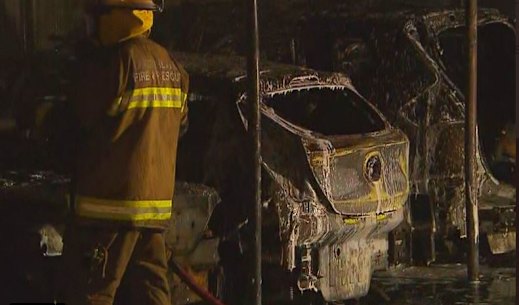 Six vehicles have been damaged by a fire in a Brisbane carport overnight at a Dutton Park unit complex on Wednesday, October 6 2022. Photo: Nine News Queensland