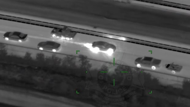 Polair vision allegedly shows the car driving on the wrong side of the road and weaving between oncoming traffic.