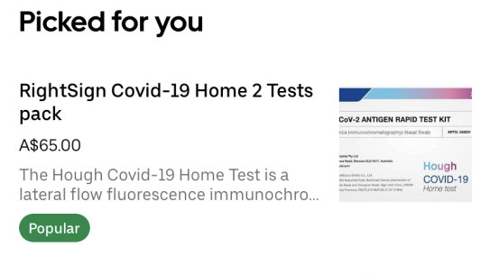 A screenshot of the Uber Eats app showing rapid tests available for purchase through a convenience store in Sydney.