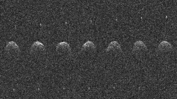 Fourteen sequential radar images of Didymos and its moonlet, taken in 2003.