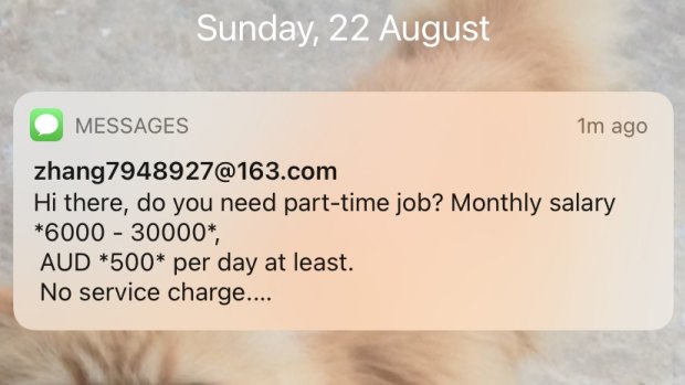 A spam text message received on an iPhone on August 22.