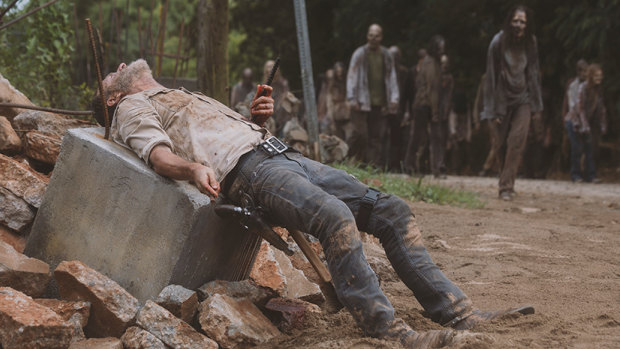 Rick Grimes (Andrew Lincoln) lies impaled on a piece of metal bar after being thrown from his horse.