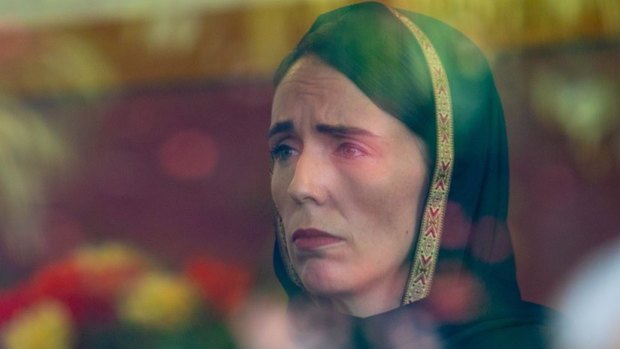 "Religious": Prime Minister Jacinda Ardern visits members of the Muslim community in Christchurch on Saturday (full photo below).