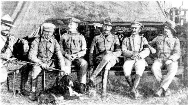 Bushveldt Carbineer officers, including from left: Lieut. Handcock, Lieut. Morant, Lieut. Johnson, Captain Hunt, Captain Taylor and Lieut. Picton. From Sydney Mail of April 12, 1902