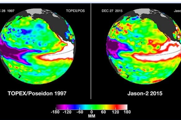 Two big El Ninos, forming in 1997 and 2015 in the Pacific. The climate patterns swing between periods of lower activity to more active ones, with global consequences.