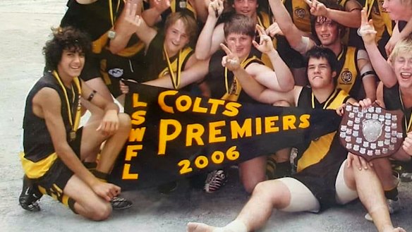 Marlion Pickett, aged 14, bottom left,  celebrating a win with the Manjimup Tigers in 2006. 