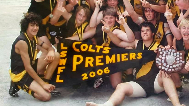 Marlion Pickett, aged 14, bottom left,  celebrating a win with the Manjimup Tigers in 2006. 
