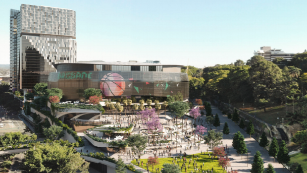 Concept art of the proposed Brisbane Live arena above the new underground Roma Street station.