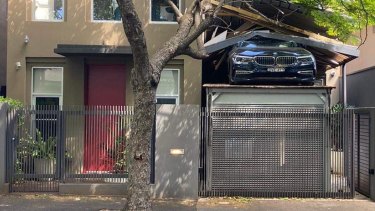 Crunch: The Woollahra car stacker set off by Heston Russell and the $150,000 BMW write off.