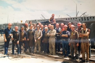 Jure Carapina (far left) working on the West Gate bridge when it was extended to Kings Way in the 1980s. 