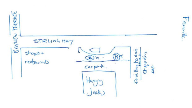 A map Ms Johnstone drew of where she was waiting for a taxi and where the Telstra vehicle was. 