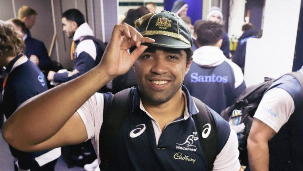 Langi Gleeson poses for a photo after his Wallabies debut at the weekend against Scotland. 