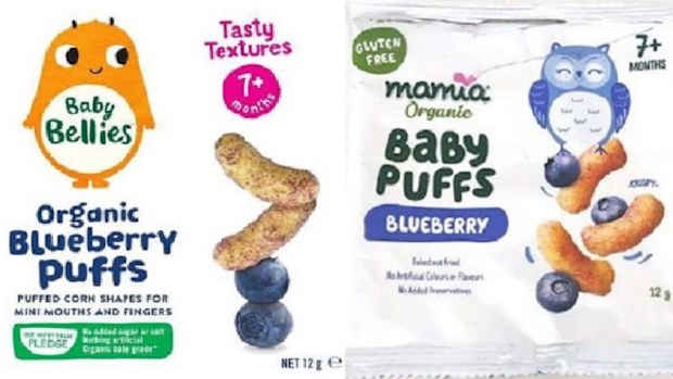 The Baby Bellies packaging and Aldi's rival Mamia Baby Puffs product.