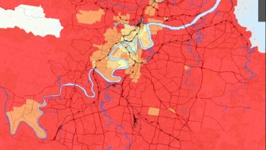 Brisbane is a car-dominated city for journeys to work, with the red area on the map denoting car travel.