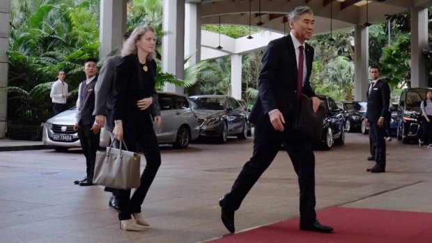 American ambassador to the Philippines, Sung Kim, arrives to meet the North Korean vice minister of foreign affairs, Choi Sun-hee.