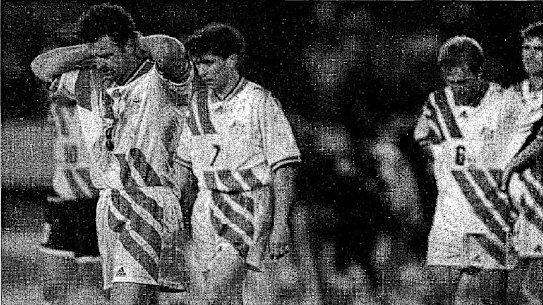 "End of the road... dejected Socceroos Graham Arnold (9), Frank Farina (7) and Paul Wade (6) trudge off the Studio Monumental in Buenos Aires after their 1-0 loss to Argentina in the World Cup qualifying round. " From the front page of the Sydney Morning Herald, November 19, 1993