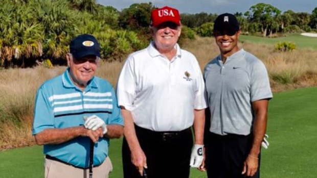 US President Donald Trump golfed with Tiger Woods and Jack Nicklaus on Saturday.