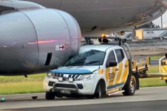 The ute crashed into the Jetstar aircraft’s number-two engine.