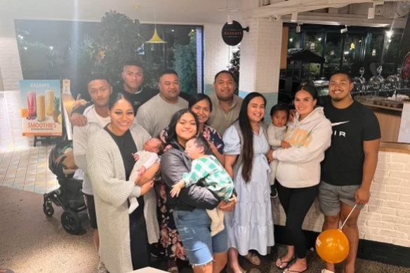 The Fainu family gather on Tuesday night to celebrate Samuela’s NRL call-up.
