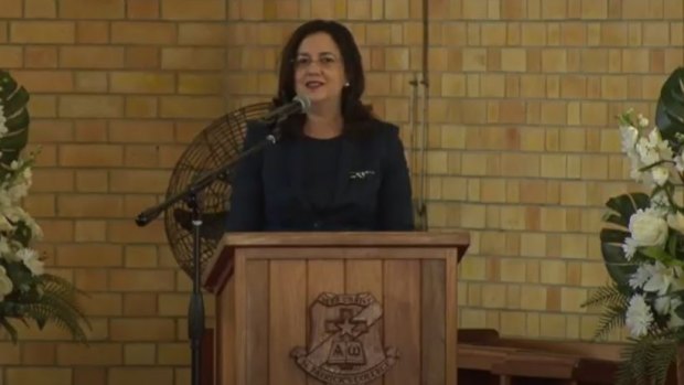 Queensland Premier Annastacia Palaszczuk speaks at the state funeral of former Labor deputy Tim Mulherin in Mackay on Tuesday.