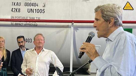Billionaire Andrew ‘Twiggy’ Forrest and US Special Presidential Envoy for Climate John Kerry aboard Forrest’s yacht docked in Dubai for the COP28 Climate Summit. 